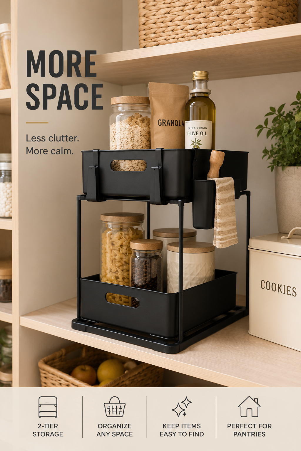 2-Tier Under Sink Organizer – Sliding Storage Rack with Hooks & Hanging Cup