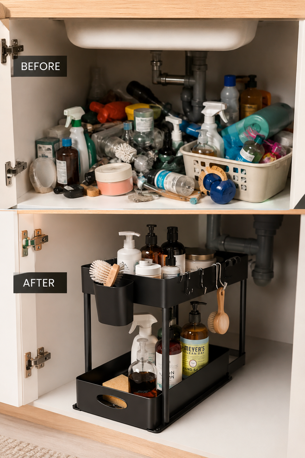 2-Tier Under Sink Organizer – Sliding Storage Rack with Hooks & Hanging Cup