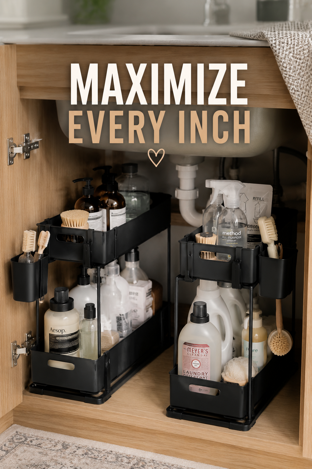 2-Tier Under Sink Organizer – Sliding Storage Rack with Hooks & Hanging Cup