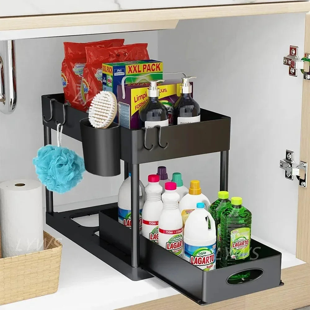 2-Tier Under Sink Organizer – Sliding Storage Rack with Hooks & Hanging Cup