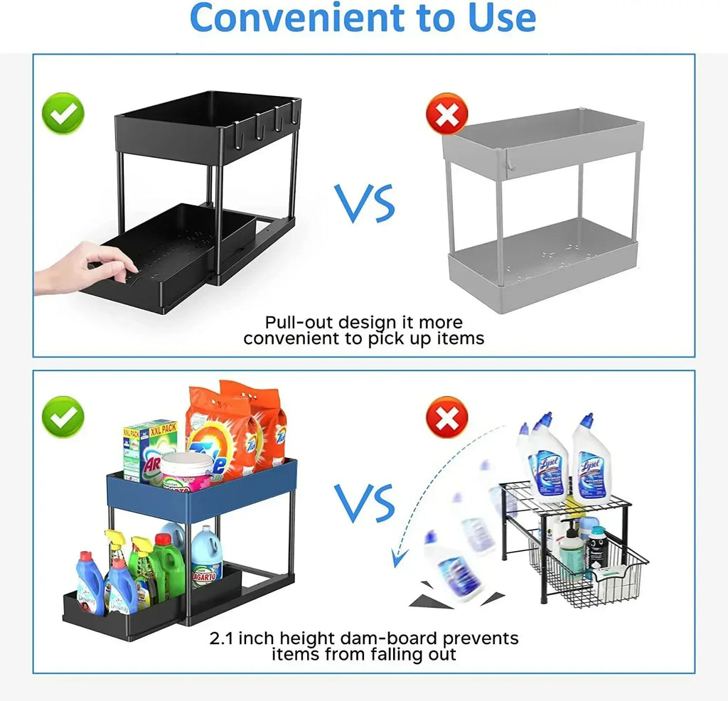 2-Tier Under Sink Organizer – Sliding Storage Rack with Hooks & Hanging Cup