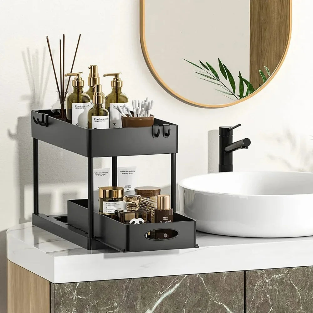 2-Tier Under Sink Organizer – Sliding Storage Rack with Hooks & Hanging Cup